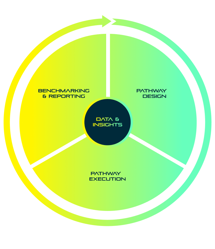 Circular diagram showing data, reporting, design, execution working together