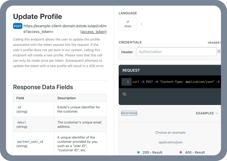 Extole API documentation showing Profile Update POST params