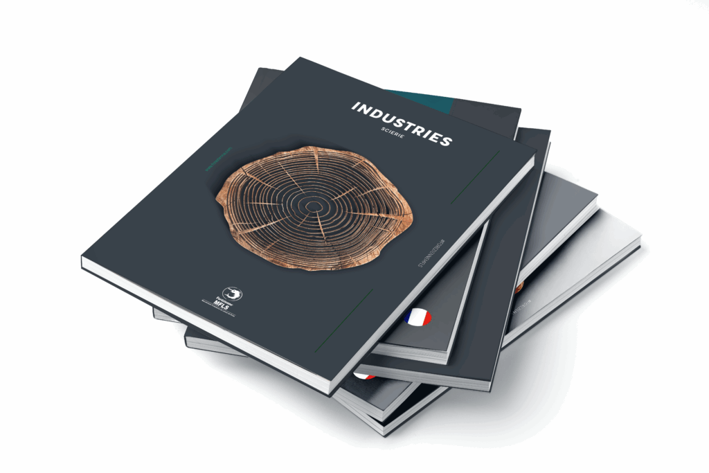 Pile de catalogues professionnels, en haut le catalogue MFLS dédié aux industries de la scierie avec une section transversale de tronc d’arbre en couverture