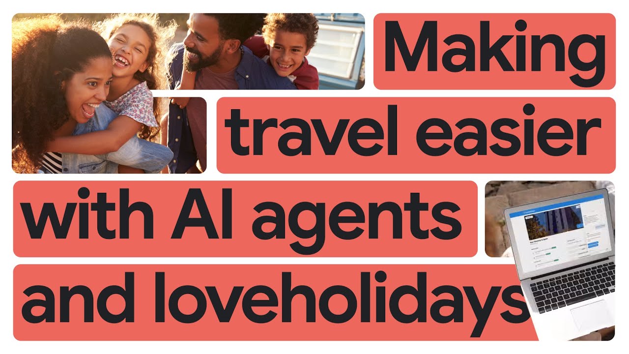 Thumbnail of Youtube video with black text highlighted in red with a picture of a happy family in top left corner and a picture of a travel booking portal on a computer in bottom right corner