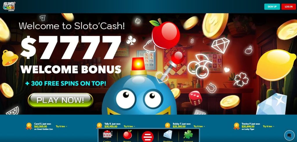 Slotocash online casino screen featuring exclusive slots and welcome bonuses.