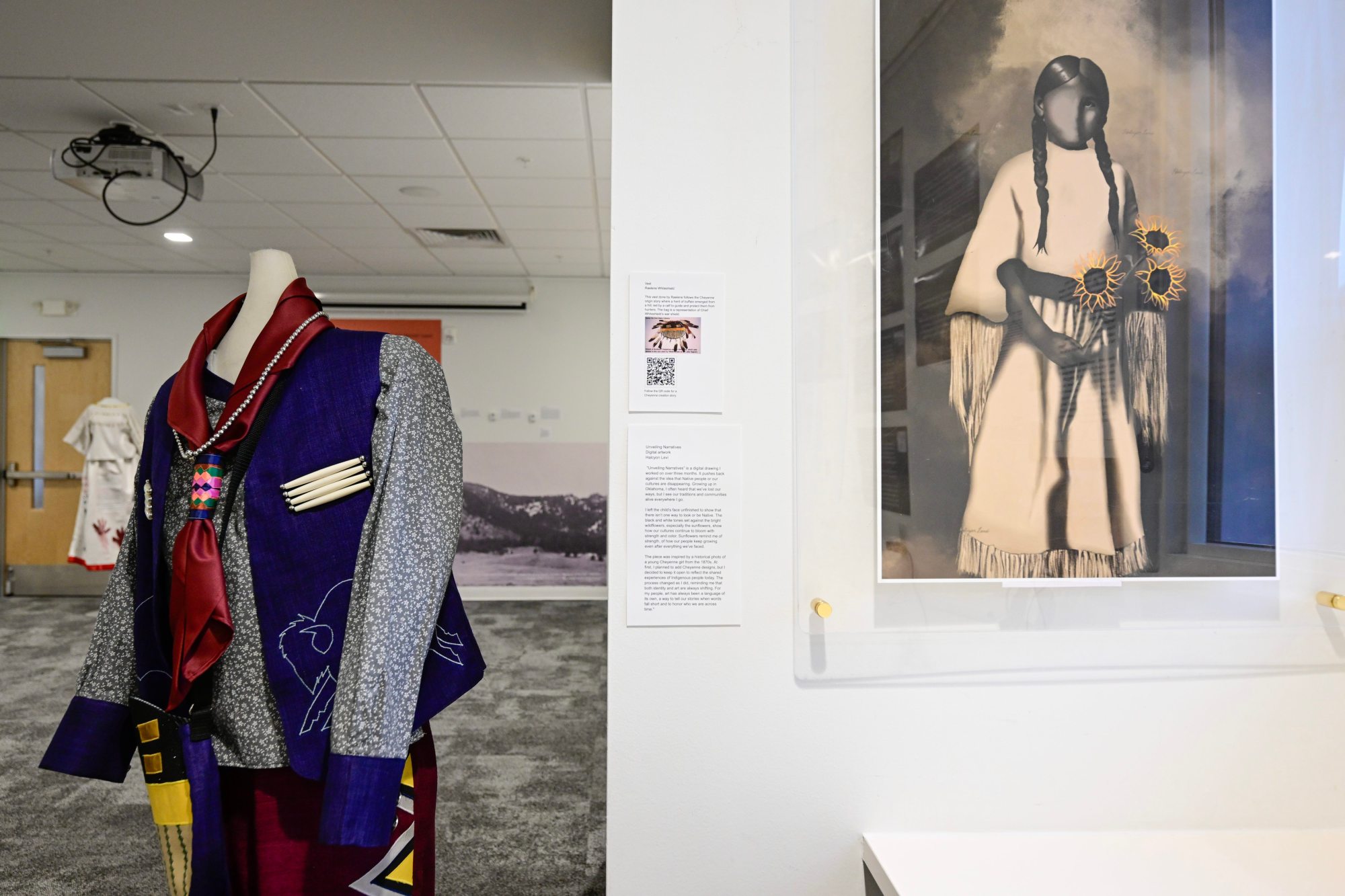 DCC-L-NATIVE_1MJ5012 An art piece entitled “Vest,” left, by Raelene Whiteshield and “Unveiling Narratives,” right, by Halcyon Levi are on display at Colorado’s People of the Sacred Land exhibit at the Museum of Boulder through July 5. (Matthew Jonas/Staff Photographer)