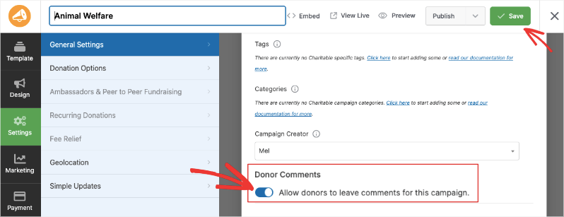 Allow donor comments in campaign settings | Charitable Allow donor comments in campaign settings