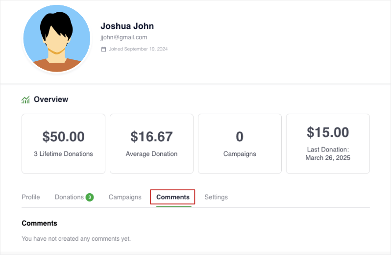 comments in donor dashboard | Charitable Kommentare im Spender-Dashboard