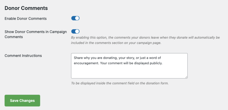 Donor Comments settings page | Charitable Donor Comments settings page