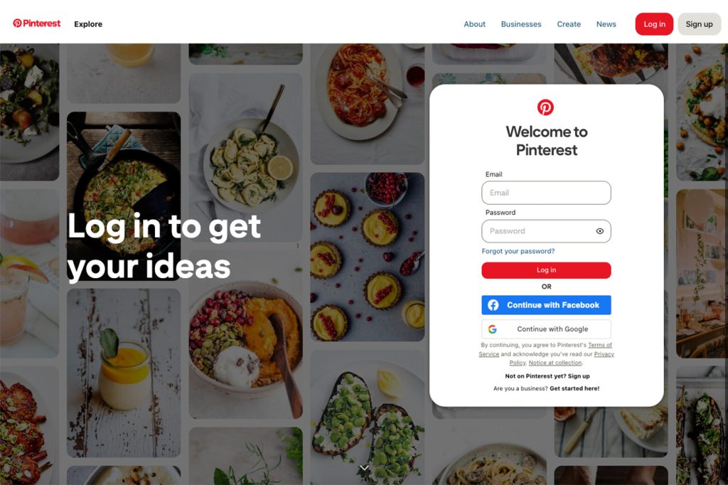 Pinterest Website Sign Up Page.